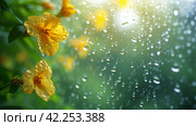 Glistening raindrops on windowpanes create a soothing, minimalist spring setting. Стоковое AI-изображение, AI-художник Юлия Гапеенко / Фотобанк Лори