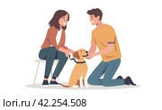 Young couple adopts a dog. White background. Flat illustration for animal shelters. Стоковое AI-изображение, AI-художник Катерина Ковалева / Фотобанк Лори