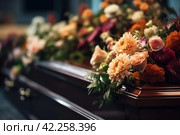 Coffin flowers funeral. Generate Ai. Стоковое AI-изображение, AI-художник Иван Рябоконь / Фотобанк Лори