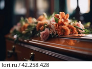 Coffin flowers funeral. Generate Ai. Стоковое AI-изображение, AI-художник Иван Рябоконь / Фотобанк Лори
