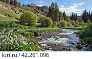 Весна, март, апрель, май.  Ручей, река. Spring, March, April, May.  A stream, a river. Стоковое AI-изображение, AI-художник Гер Олег / Фотобанк Лори
