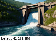 Itaipu Binacional hydroelectric power station in Foz do Iguazu Brazil on border with Paraguay. Photo of modern giant dam, located on Parana river. Hydro electrification concept. Copy ad text space. Стоковое AI-изображение, AI-художник Aleksandr Golubev / Фотобанк Лори