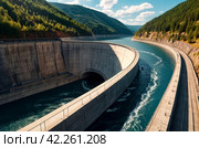 Hydroelectric power station in Foz do Iguazu Brazil, border Paraguay. View of roadway modern giant dam on Parana river, South America. Hydro electrification concept. Copy text space. Стоковое AI-изображение, AI-художник Aleksandr Golubev / Фотобанк Лори