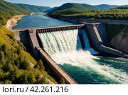 View of Parana river from modern giant dam, South America. Itaipu Binacional hydroelectric power station in Foz do Iguazu Brazil, border Paraguay. Hydro electrification concept. Copy ad text space. Стоковое AI-изображение, AI-художник Aleksandr Golubev / Фотобанк Лори