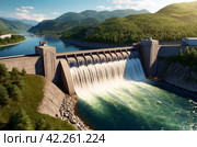 Modern Itaipu Binacional hydroelectric power station in Foz do Iguazu Brazil, border Paraguay. Panoramic view of giant dam on Parana river, South America. Hydro electrification concept. Copy ad space. Стоковое AI-изображение, AI-художник Aleksandr Golubev / Фотобанк Лори