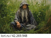 Chinese gray-haired sage healer. Стоковое AI-изображение, AI-художник Irina Kuchugurina/Gaudy / Фотобанк Лори