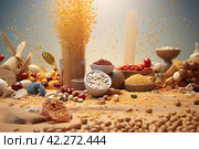 Composition of food: wheat and various cereals on the table,  generated by AI. 3D illustration. Стоковое AI-изображение, AI-художник Виталий Сова / Фотобанк Лори