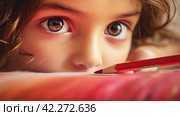 The little girl was thinking hard while drawing. The agony of creative choice. Close-up. Стоковое AI-изображение, AI-художник Ярославский Максим / Фотобанк Лори