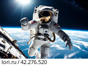 Astronaut on a spacewalk against earth backdrop. Space explorer in a white suit hovers above earth, capturing the vastness of space. Стоковое AI-изображение, AI-художник Aleksandr Golubev / Фотобанк Лори