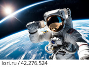 Astronaut on a spacewalk against earth backdrop. Space explorer in a white suit hovers above earth, capturing the vastness of space. Стоковое AI-изображение, AI-художник Aleksandr Golubev / Фотобанк Лори