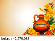 Happy ugadi greeting card with creative kalash and puja thali. Стоковое AI-изображение, AI-художник Ирина Старикова / Фотобанк Лори