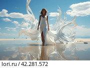 Fashion catwalk on the seashore with a model in white showing off an outfit,Generative AI. Стоковое AI-изображение, AI-художник Анна Кривицкая / Фотобанк Лори