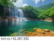 An idyllic retreat with a magnificent waterfall in a green edge. Стоковое AI-изображение, AI-художник Юрий Поздников / Фотобанк Лори