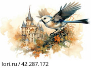 Fairytale bird on the background of the castle, book illustration style of children's fairy tales watercolor,Generative AI. Стоковое AI-изображение, AI-художник Анна Кривицкая / Фотобанк Лори