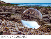 glass ball lens lies on the sand of the sea shore landscape. Стоковое фото, фотограф Артем Курутин / Фотобанк Лори
