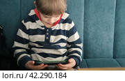 One toddler boy using smartphone sitting in cafe, restaurant. Child looking at mobile phone, modern parenting concept. Lifestyle with digital gadget devices. Bored kid relax with play game on a cell. Стоковое видео, видеограф Марина Демидюк / Фотобанк Лори