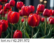 tulip Tulipa bulbous herbs in lily family Liliaceae. Tulips garden flowers cultivars and varieties. Flowers delicate bright reddish red color. Beautiful buds. Landscaping. Variety hybrids. Flower bed. Стоковое AI-изображение, AI-художник Юлия Петровская / Фотобанк Лори