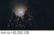 Flying witches on brooms in a nightly scary forest in the light of the full moon. Old castle, spiders and sparkling lightning. Unclean Force. Halloween holiday. Animation video 4K. Стоковая анимация, аниматор Дмитрий Кобзев / Фотобанк Лори