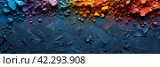 Holi background, colored powder on dark background with empty space for design. Banner. Стоковое AI-изображение, AI-художник Мария Фадеева / Фотобанк Лори