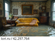 Disaster in the home: flood inside the apartment, water floods the rooms. Стоковое AI-изображение, AI-художник Юрий Поздников / Фотобанк Лори
