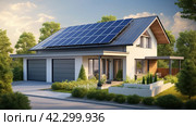 A cozy country house powered by solar panels. The energy of the future. Стоковое AI-изображение, AI-художник Ярославский Максим / Фотобанк Лори