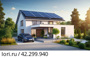 A house with solar panels on the roof, representing a transition to renewable energy sources in residential areas. Стоковое AI-изображение, AI-художник Ярославский Максим / Фотобанк Лори