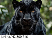 Up close and personal with black panther puma, natural habitat. Showcasing fierce and serious gaze as wild predator in exotic natural world. Animal themes wildlife concept. Copy ad text space. Gen Ai. Стоковое AI-изображение, AI-художник Aleksandr Golubev / Фотобанк Лори