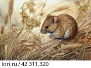 Field mouse among the grass, watercolor style, Generative AI. Стоковое AI-изображение, AI-художник Анна Кривицкая / Фотобанк Лори