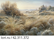 Beautiful landscape with hills and feather grass, watercolor style, Generative AI. Стоковое AI-изображение, AI-художник Анна Кривицкая / Фотобанк Лори