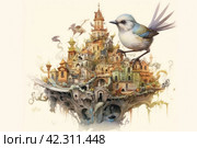 Fairytale bird on the background of the castle, book illustration style of children's fairy tales watercolor,Generative AI. Стоковое AI-изображение, AI-художник Анна Кривицкая / Фотобанк Лори