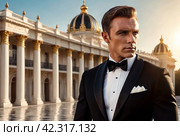 Portrait of handsome young man in tuxedo and bow tie posing outside, serious looking at camera. Confident stylish guy businessman in tux, fashionable festive image James Bond style. Copy ad text space. Стоковое AI-изображение, AI-художник Aleksandr Golubev / Фотобанк Лори