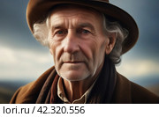 Close-up outdoor portrait of gray haired old man wearing vintage hat, coat. Observant elderly man look at camera. 20th century Stylish retro old-fashioned suit look. Senior nostalgic wrinkled face man. Стоковое AI-изображение, AI-художник Марина Демидюк / Фотобанк Лори
