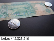 The Arab Emirates Dirham Arabic. ISO code AED is the official currency of the United Arab Emirates. Dirham is subdivided into 100 fils. Dirham was officially pegged to the IMF special drawing rights (2023 год). Стоковое фото, фотограф Юлия Петровская / Фотобанк Лори