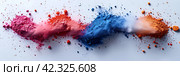 Holi background, voluminous and airy colored powder on a light background with empty space for design. Banner. Стоковое AI-изображение, AI-художник Мария Фадеева / Фотобанк Лори