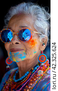 Background for Holi holiday, voluminous and airy colored powder on the face of an elderly old woman and empty space for design. Стоковое AI-изображение, AI-художник Мария Фадеева / Фотобанк Лори