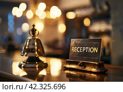 Стойка регистрации отеля с карточкой "Reception". Generative AI. Стоковое AI-изображение, AI-художник Щеголева Ольга / Фотобанк Лори