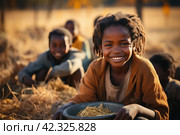The problem of poverty and inequality. Happy african kids eating some sorghum porridge in village outdoor. Стоковое AI-изображение, AI-художник Ирина Михайличенко / Фотобанк Лори