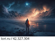 Epic winter arctic landscape. A man stands on a rock and looks into the distance at the mountains. Polar night, stars in the sky. A traveler on a hike in the majestic northern nature. Generative AI. Стоковое AI-изображение, AI-художник Андрей Степанов / Фотобанк Лори