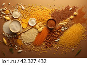 Close-up of a plate with various healthy grains and cereals, a healthy lifestyle concept created by artificial intelligence. 3D illustration. Стоковое AI-изображение, AI-художник Виталий Сова / Фотобанк Лори