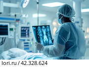 A medical worker in a hospital examines x-rays, looks at a tomographic image. A Doctor looks at an x-ray in a hospital laboratory. Healthcare concept. Computed tomography in the radiology department. Стоковое AI-изображение, AI-художник Евгений Демидюк / Фотобанк Лори