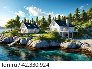 Serene view of small cabins on an island surrounded by water island in archipelago. Landscape of idyllic island cottages in archipelago, outdoors. Nature life freedom concept. Copy ad text space. Стоковое AI-изображение, AI-художник Aleksandr Golubev / Фотобанк Лори