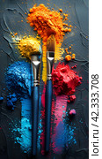 Holi background, colored powder on dark background with empty space for design. Стоковое AI-изображение, AI-художник Мария Фадеева / Фотобанк Лори