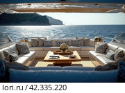 Yacht flybridge open deck, modern and luxury equipped. Lifestyle freedom concept. Стоковое AI-изображение, AI-художник Ирина Михайличенко / Фотобанк Лори