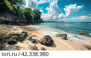 Azure beach landscape, sea beauty, Images for Booklets, advertising of Travel agencies. Стоковое AI-изображение, AI-художник Ирина Ручушкина / Фотобанк Лори