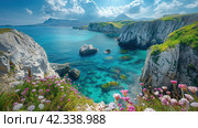 Azure beach landscape, sea beauty, Images for Booklets, advertising of Travel agencies. Стоковое AI-изображение, AI-художник Ирина Ручушкина / Фотобанк Лори
