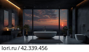 Night view of chic bathroom interior with modern white bowl bathtub cute details and view to the sunset through panoramic window. Real-estate, remodelling, new-build villa interior design concept. Стоковое AI-изображение, AI-художник Alexander Tihonovs / Фотобанк Лори