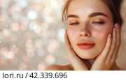 Closeup portrait young 20s beautiful woman touch her perfect smooth skin on glowing light background. Sensuality, natural beauty, plastic surgery, aesthetic medicine, cosmetology, cosmetics, skin care. Стоковое AI-изображение, AI-художник Alexander Tihonovs / Фотобанк Лори