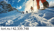 Group of people climbing mountains against bright sunny sky and snowy landscape background. Sport and winter adventure concept. Стоковое AI-изображение, AI-художник Alexander Tihonovs / Фотобанк Лори