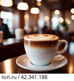 Cup of coffee in cafe. Anamorphic bokeh effect. Tilt-shift photo. Hot coffee in a white cup. The coffee is getting cold. Aroma of coffee beans. Label or advertisement. Foam. Стоковое AI-изображение, AI-художник Юлия Петровская / Фотобанк Лори