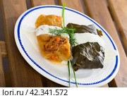 Cabbage and grape rolls in leaves at plate, dish of European cuisine. Стоковое фото, фотограф Яков Филимонов / Фотобанк Лори